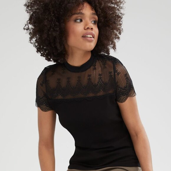 RW&CO Lace and Crepe Mock-Neck T-Shirt - Picture 1 of 3
